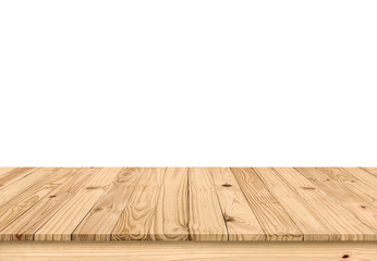 Empty brown old plank wooden board mock up display shelf with isolated white copy space and clipping path. Beautiful textured and pattern of tabletop panel build from reused wood pallet background.