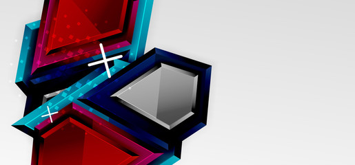 Metal glossy shiny geometric shapes with 3d effect composition. Techno futuristic vector abstract background For Wallpaper, Banner, Background, Card, Book Illustration, landing page