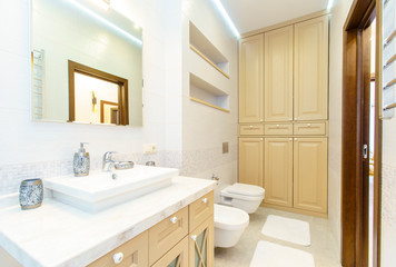 Fototapeta na wymiar bathroom with elegant rectangular washbasin, toilet and shower. Mirror with light on top. The white tile.