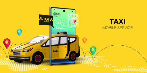 Taxi services on mobile application and website in yellow cab illustration.