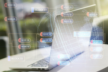 Abstract creative coding concept with world map on modern laptop background. Multiexposure