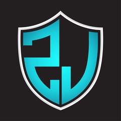 ZJ Logo monogram with shield shape isolated blue colors on outline design template