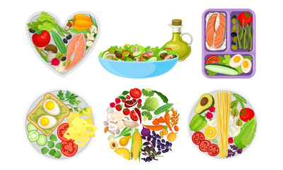 Healthy Food Served on Circle and Heart Shaped Plates Top View Vector Set
