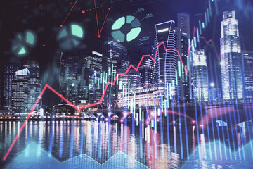 Financial chart on city scape with tall buildings background multi exposure. Analysis concept.