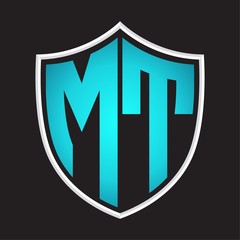 MT Logo monogram with shield shape isolated blue colors on outline design template