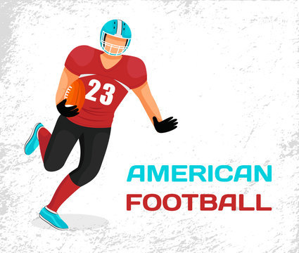 Sportsman in helmet and uniform playing in american football. Player of team running with ball in hands to get points. Picture with caption, name of active game. Vector illustration in flat style