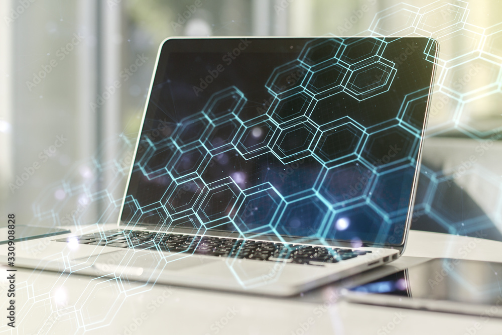 Poster double exposure of technology hologram with hexagon on laptop background. research and development s