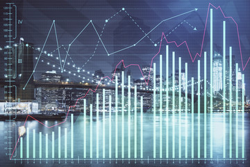 Financial chart on city scape with tall buildings background multi exposure. Analysis concept.