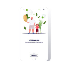 father with daughter holding potato onion vegetables healthy lifestyle vegan fresh raw food vegetarian concept smartphone screen mobile app copy space full length vector illustration