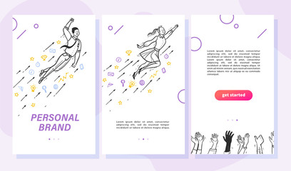 Fototapeta na wymiar Personal brand design concept with businessman and woman fly up, business icon, victory cup, human hands applause. Mobile app landing page template interface, ui. Vector flat illustration.