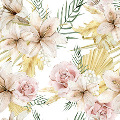 Watercolor tropical floral and flower seamless pattern. Illustration in trendy modern style. Lily, rose, palm, leaves for wedding invintation, t-shirt print, textile fabric, wallpaper. 