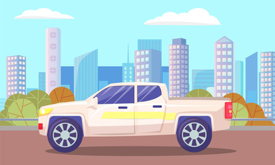 Van riding in distance of cityscape with contemporary architecture and skyscrapers. Car on road passing city center skyline. Townscape of town, van on highway by urban area. Vector in flat style