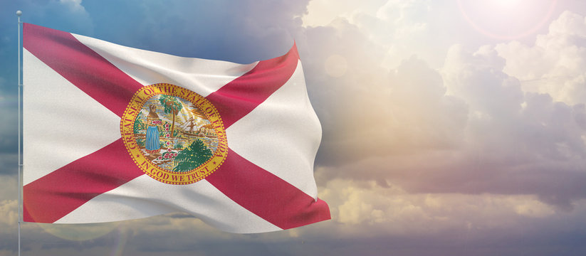 Flags of the states of USA. State of Florida flag. Waving flag on sunset sky background 3D illustration.