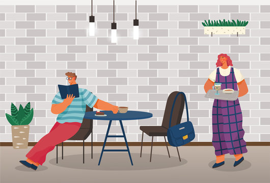 Male character ordering food and beverage. Man reading book waiting for order carried by waitress. Personage with coffee and cake sitting by table of cafe or restaurant. Coffeehouse interior vector