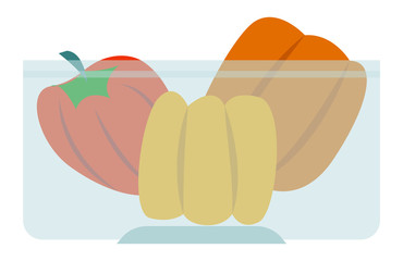 Bell pepper vegetarian colorful product in glass plate. Sweet vegetable symbol isolated on white. Ingredient element for dish. Cooking with tasty fresh pepper for vegan salad in container vector