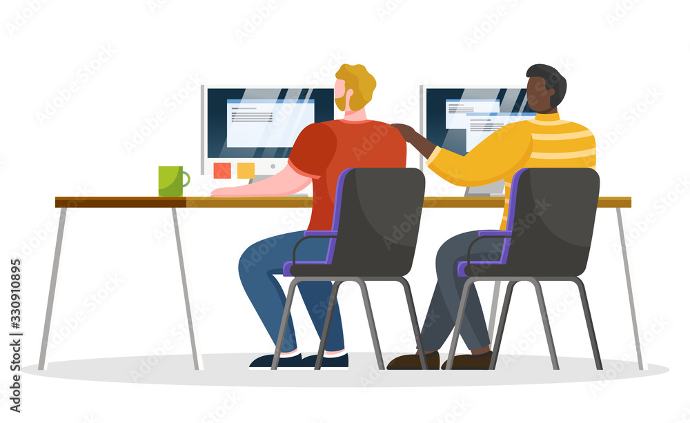 Poster men characters sitting at desktop and working with computer. teamwork cooperation of colleagues comm