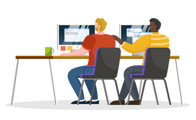 Men characters sitting at desktop and working with computer. Teamwork cooperation of colleagues communicating with monitor of pc in office. Back view of people brainstorming with laptop vector