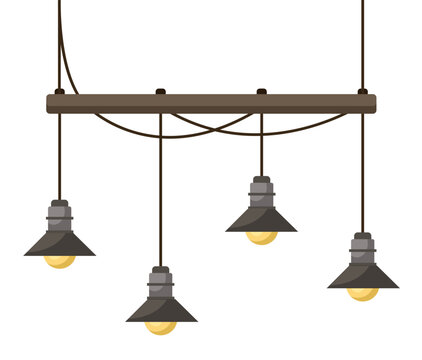 Simple chandelier with wooden balk and four light bulbs. Light fixture mounted on ceiling using rope. Basic furniture needed to illuminate room when it dark. Vector illustration in flat style