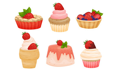 Delicious Cakes and Desserts with Berry and Whipped Cream Toppings Vector Set