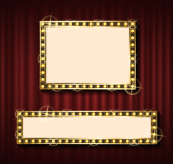 Niht show banner template, theater curtain backdrop and blank frame with lamps vector. Rectangular framework, empty concert poster, framing and textile