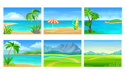 Fototapeta na wymiar Beach and Mountain Scenes and Landscapes Vector Set