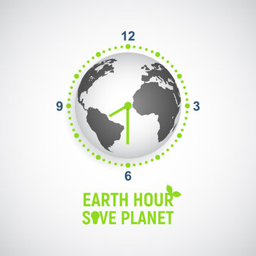 Earth Hour banner. Saving the planet, environmental action. Globe in the form of a clock with an arrow on a light background.