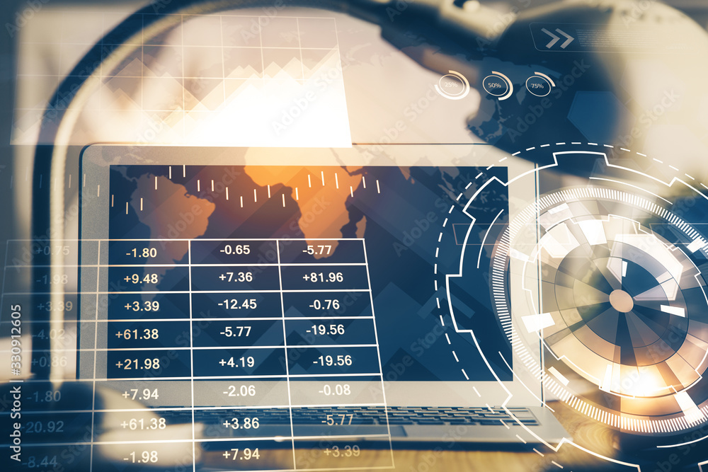 Poster forex market graph hologram and personal computer on background. double exposure. concept of investm