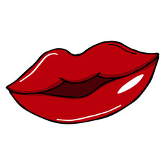 Hand drawn female red lips on a white background. Vector hand-drawn doodle illustration.