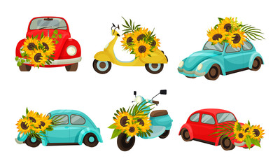 Cars and Scooters Decorated with Sunflower Bouquets Vector Set