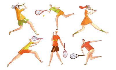 Man and Woman Wearing Sports Uniform Playing Tennis Vector Set