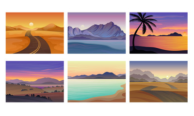 Sunset Landscapes and Scenes with Mountains and Seaside Vector Set