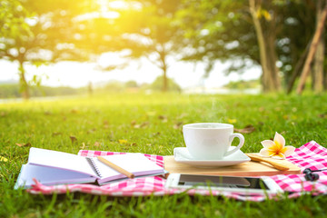 Picnic coffee setting on grass In the morning, relaxing on holiday.