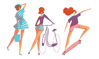 Young Red-haired Woman Skateboarding and Cycling Vector Set