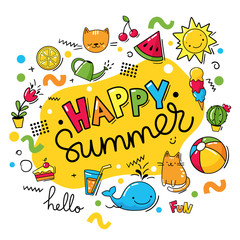 Happy summer vector design with summer symbols and text