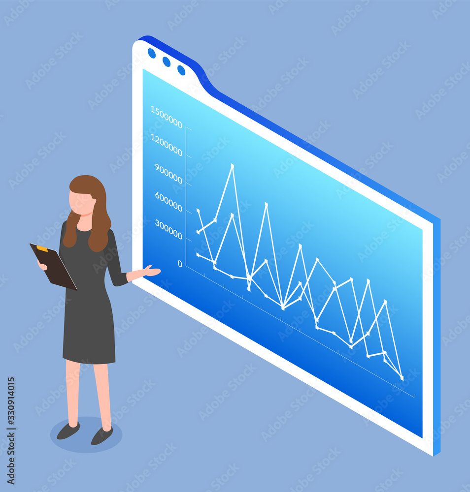 Poster worker woman presenting graph report with numbers. employee female character accounting and showing 