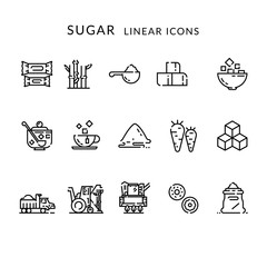 Sugar production, growing and processing. Linear icons