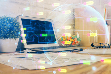 Multi exposure of desktop computer and technology theme hologram. Concept of software development.