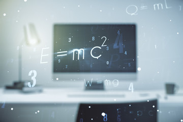 Creative scientific formula concept on modern laptop background. Multiexposure