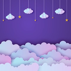 Night sky in paper cut style. Cut out 3d background with violet and blue gradient cloudy landscape with stars on rope papercut art. Cute origami clouds. Vector card for wish good night sweet dreams.