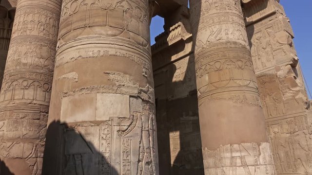 Ancient pillars with hieroglyphics at the temple of Kom Ombo, Egypt, 4k