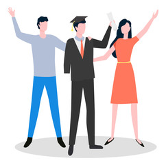 Graduation of disabled student with amputated hand standing near man and woman waving hands. Arm amputation of person character and support of people together. Educated specialist without limb vector