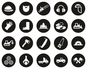 Lumberjack Or Logger Icons White On Black Flat Design Circle Set Big