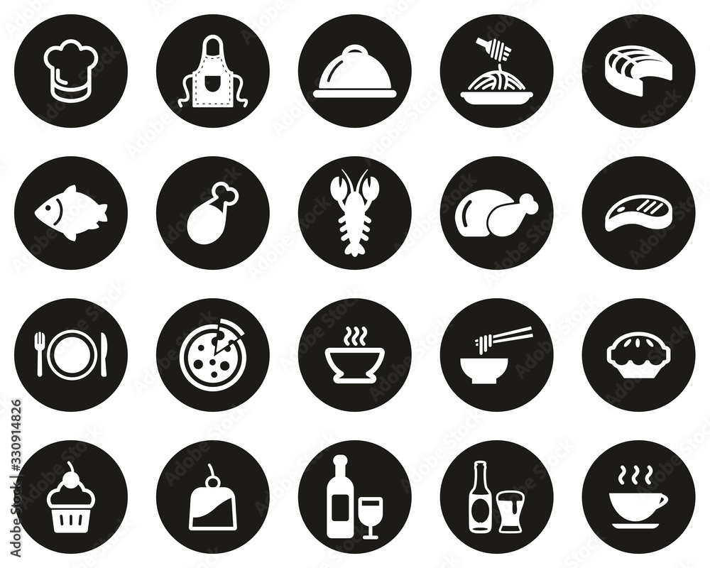 Wall mural Lunch Or Restaurant Lunch Icons White On Black Flat Design Circle Set Big