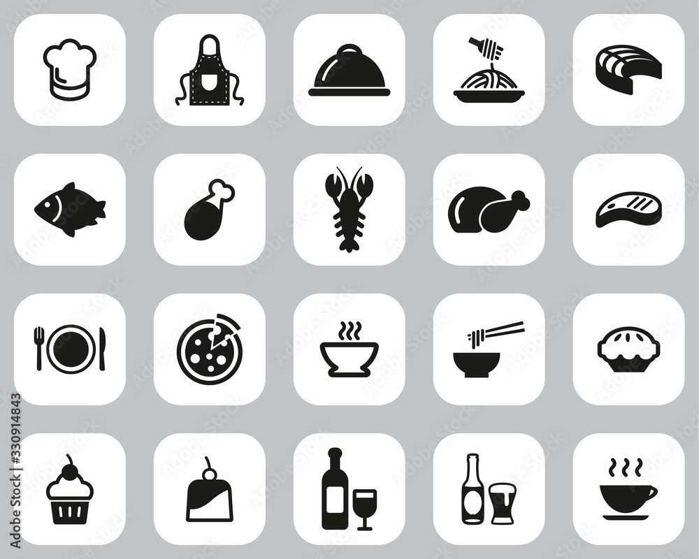 Wall mural Lunch Or Restaurant Lunch Icons Black & White Flat Design Set Big