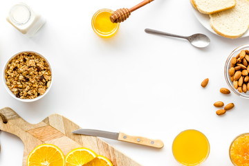 Breakfast with granola mockup on white background top-down copy space