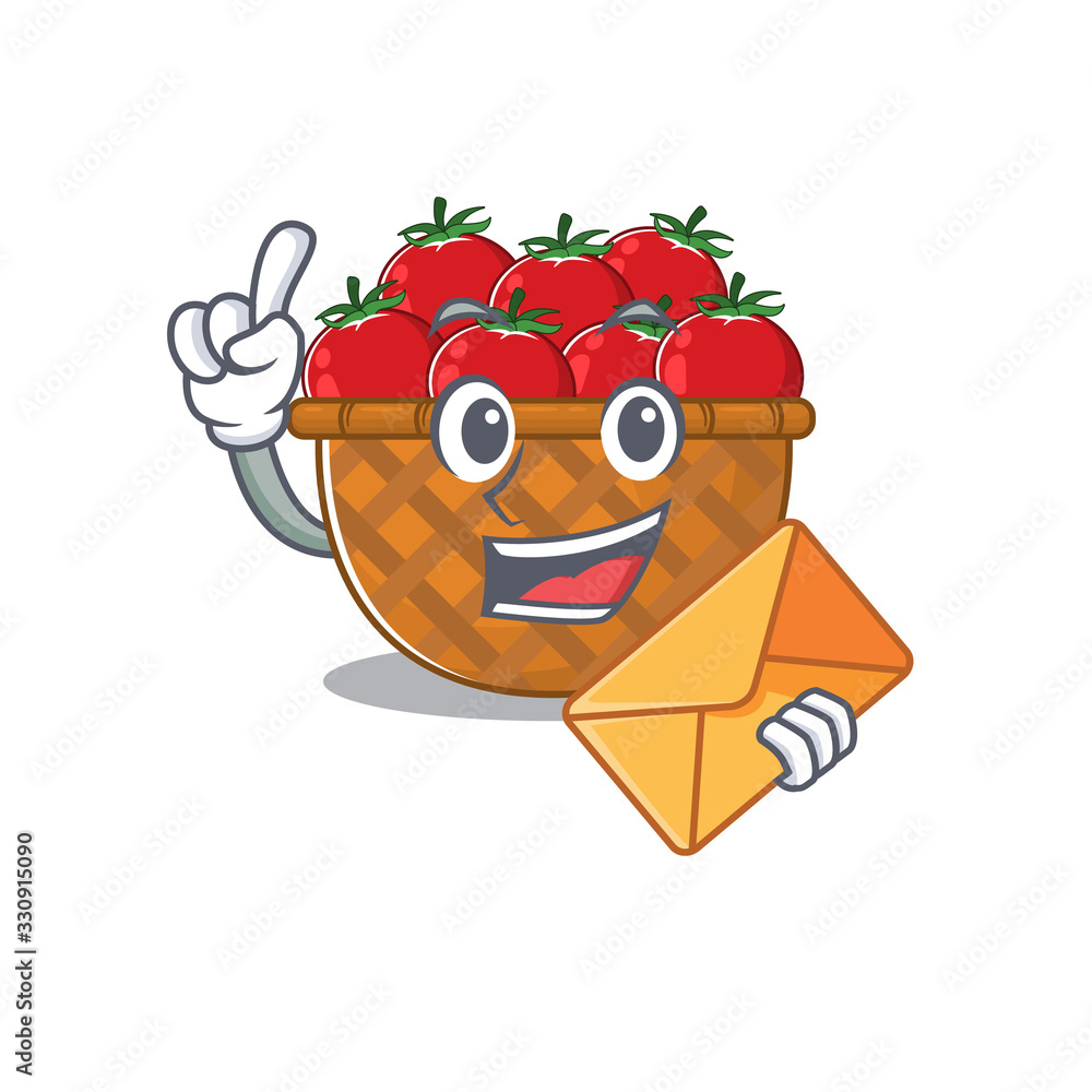 Poster Cute face tomato basket mascot design with envelope