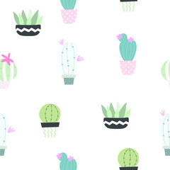 Vector seamless pattern with different cactus. Bright repeated texture with green cacti.