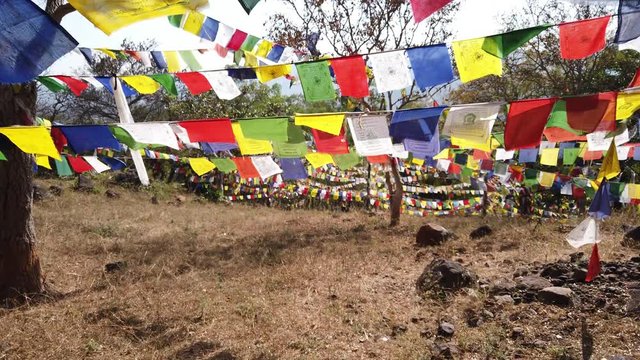 Beautiful shot of colorful Buddhist flags fluttering in the wind on a rope during a bright sunny day