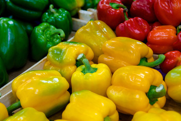 in the shop a counter or a showcase with bell pepper