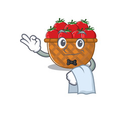 A design of tomato basket cartoon character working as waiter